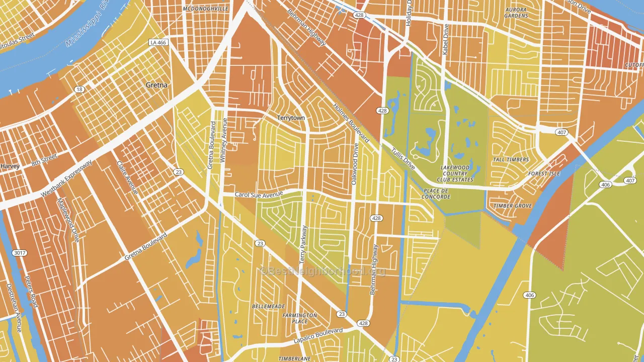 Map of the best neighborhoods in the Terrytown area, with better matches in green and worse matches in red