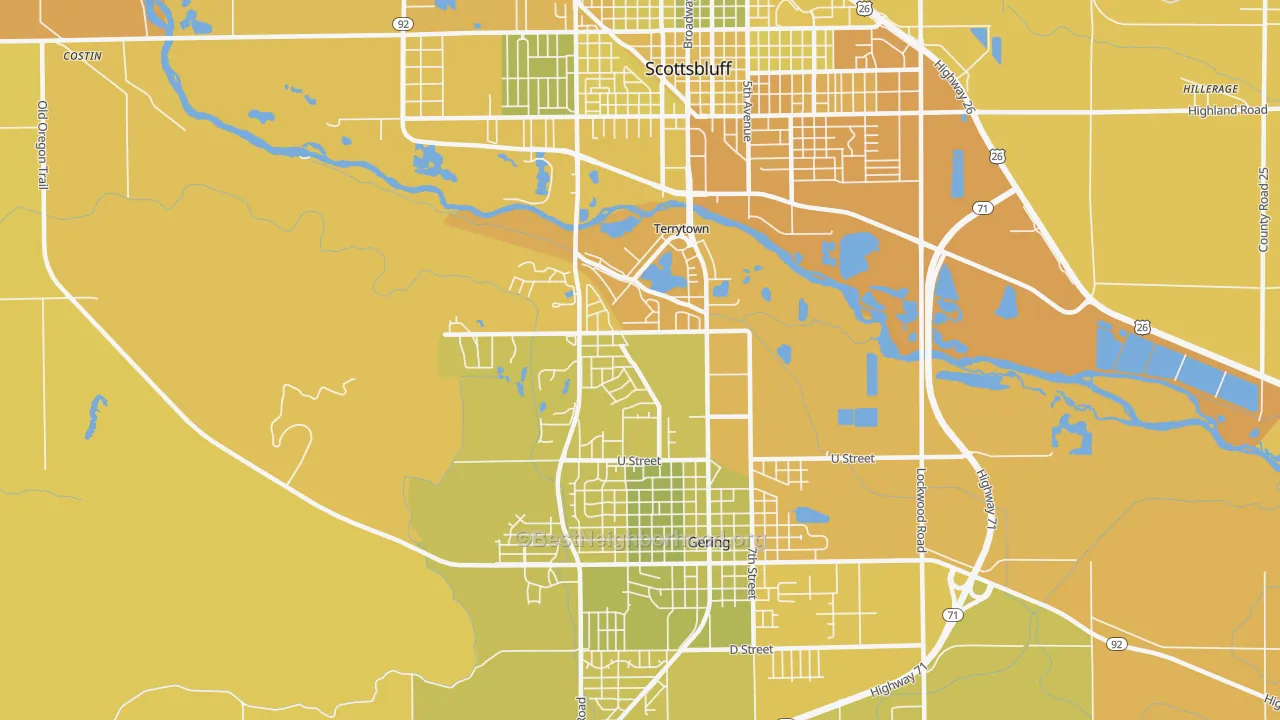 Map of the best neighborhoods in the Terrytown area, with better matches in green and worse matches in red