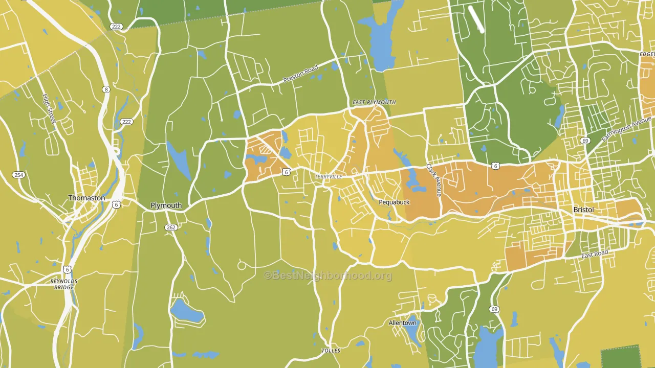 Map of the best neighborhoods in the Terryville area, with better matches in green and worse matches in red
