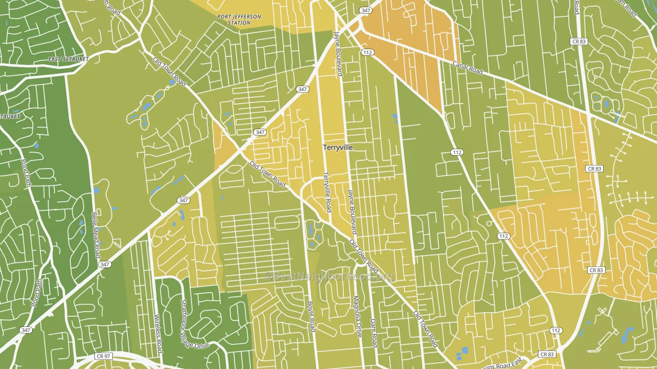 Map of the best neighborhoods in the Terryville area, with better matches in green and worse matches in red