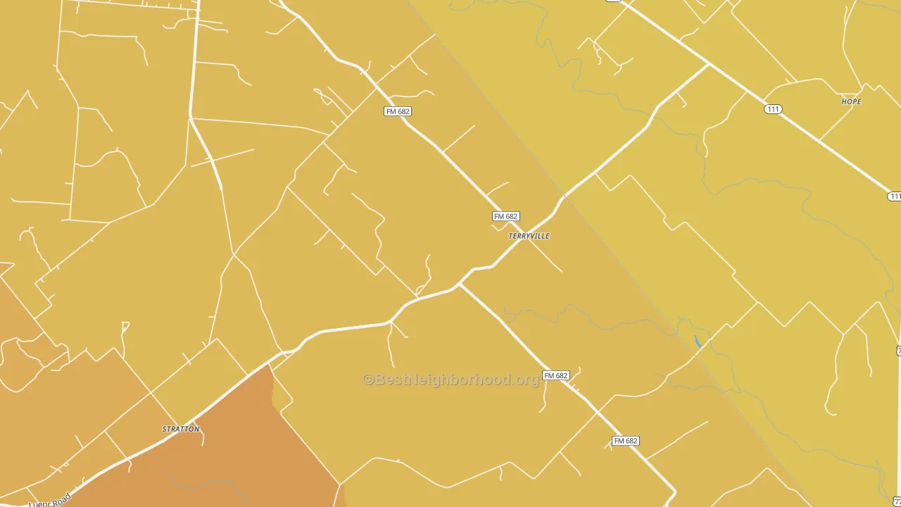 Map of the best neighborhoods in the Terryville area, with better matches in green and worse matches in red