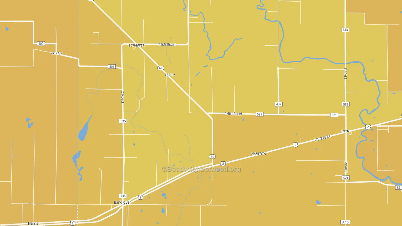 Map of the best neighborhoods in the Tesch area, with better matches in green and worse matches in red