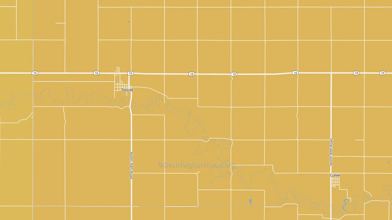 Map of the best neighborhoods in the Tescott area, with better matches in green and worse matches in red