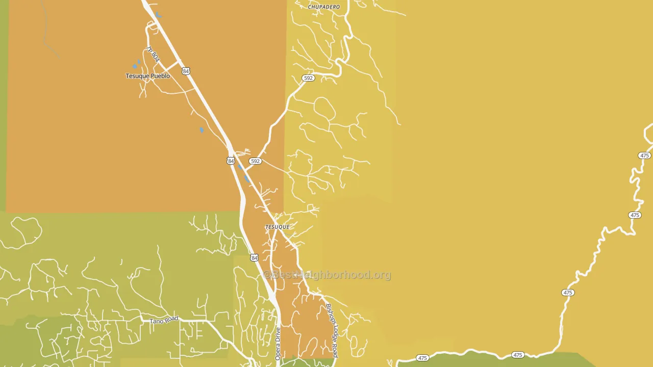 Map of the best neighborhoods in the Tesuque area, with better matches in green and worse matches in red