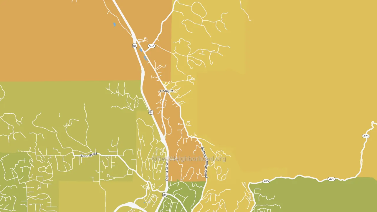 Map of the best neighborhoods in the Tesuque Pueblo area, with better matches in green and worse matches in red