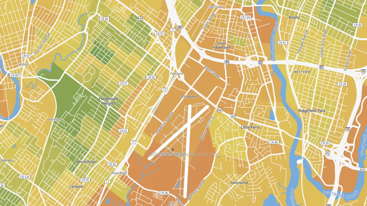 Map of the best neighborhoods in the Teterboro area, with better matches in green and worse matches in red