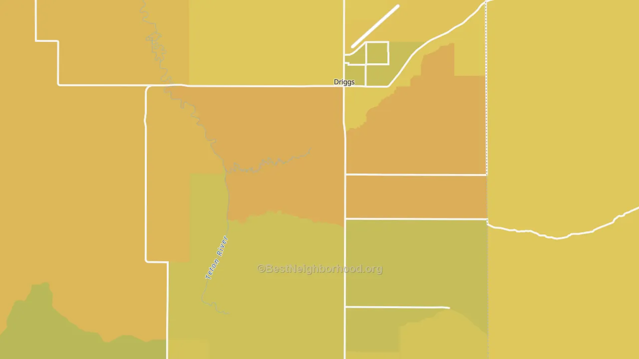 Map of the best neighborhoods in the Teton County area, with better matches in green and worse matches in red