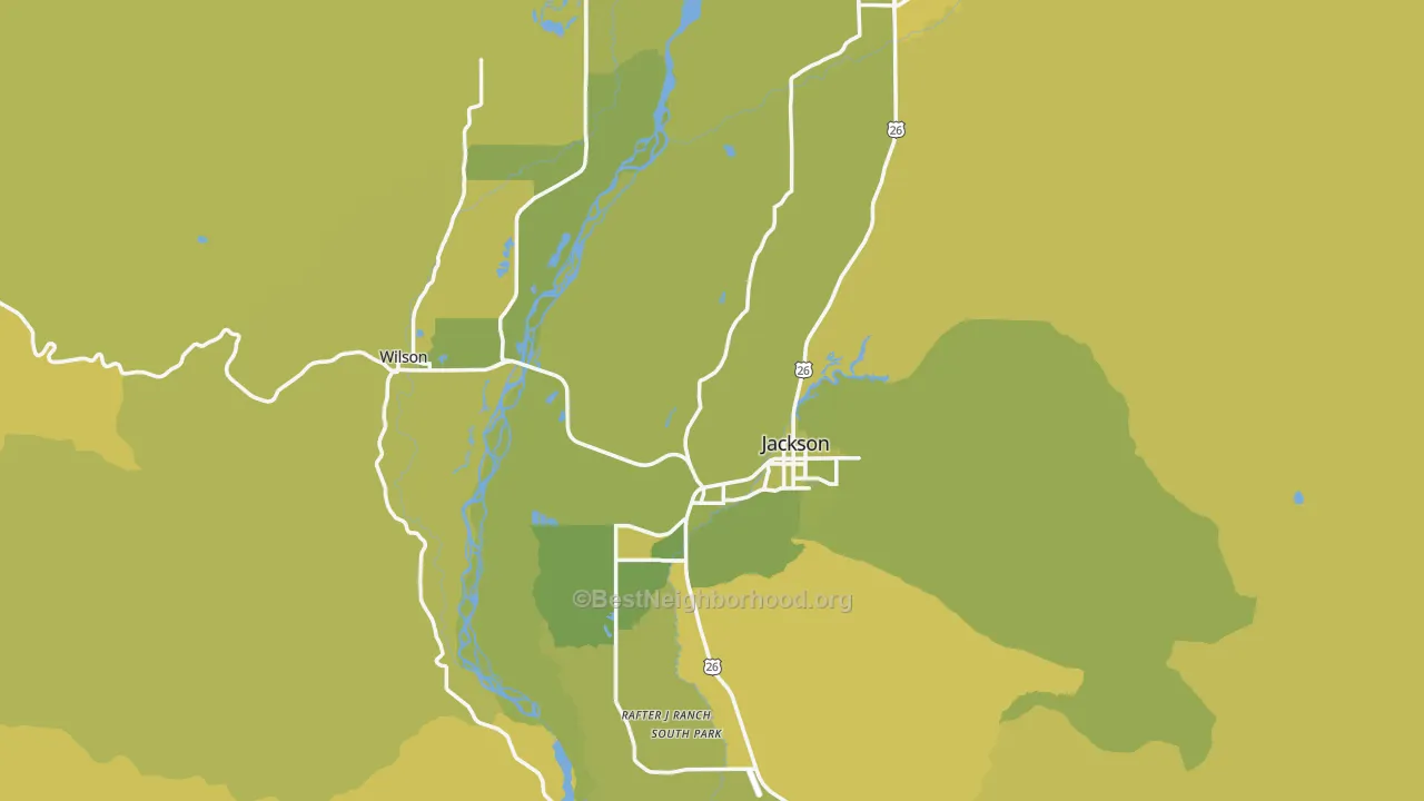 Map of the best neighborhoods in the Teton County area, with better matches in green and worse matches in red