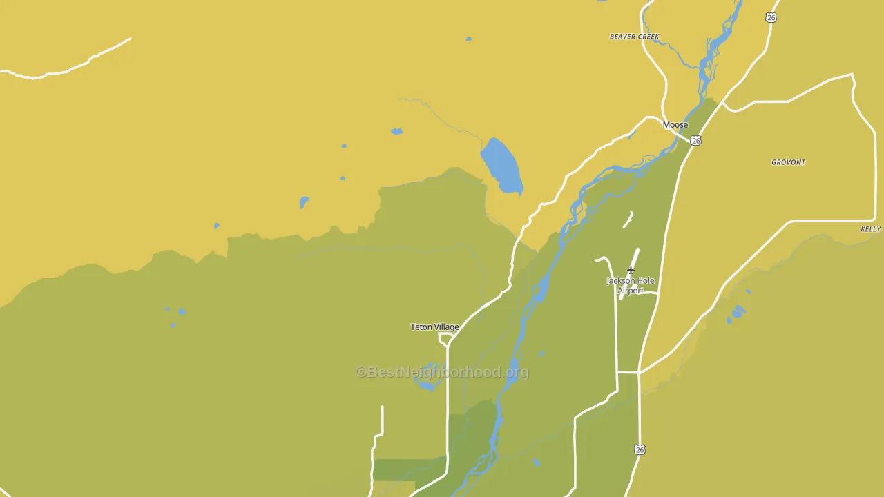 Map of the best neighborhoods in the Teton Village area, with better matches in green and worse matches in red