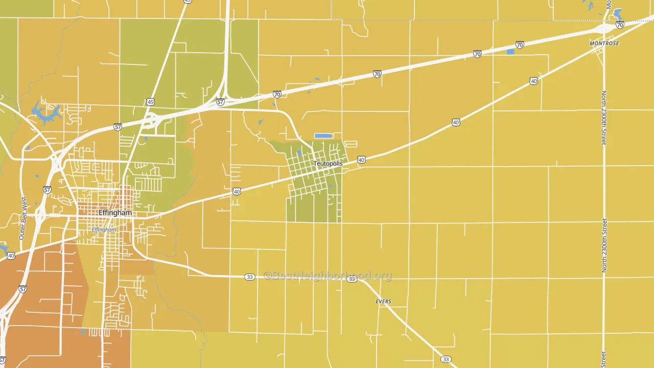 Map of the best neighborhoods in the Teutopolis area, with better matches in green and worse matches in red