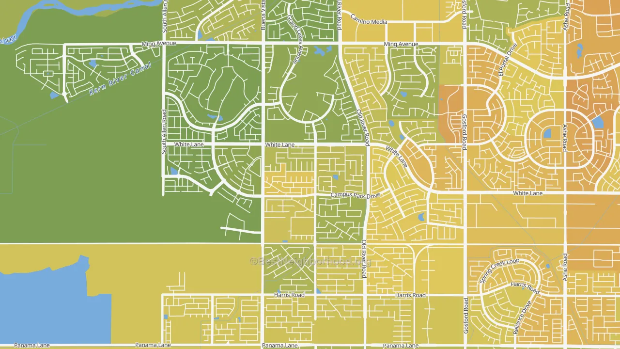 Map of the best neighborhoods in the Tevis Ranch, Bakersfield area, with better matches in green and worse matches in red