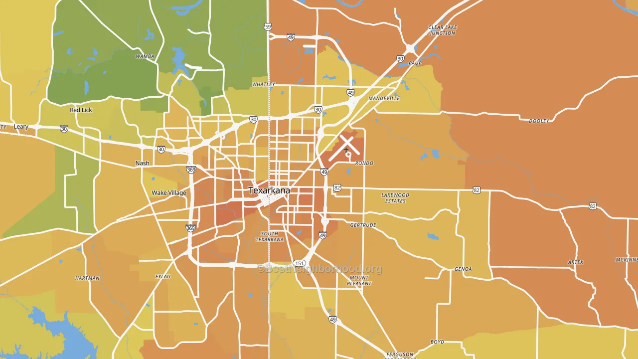 Map of the best neighborhoods in the Texarkana area, with better matches in green and worse matches in red