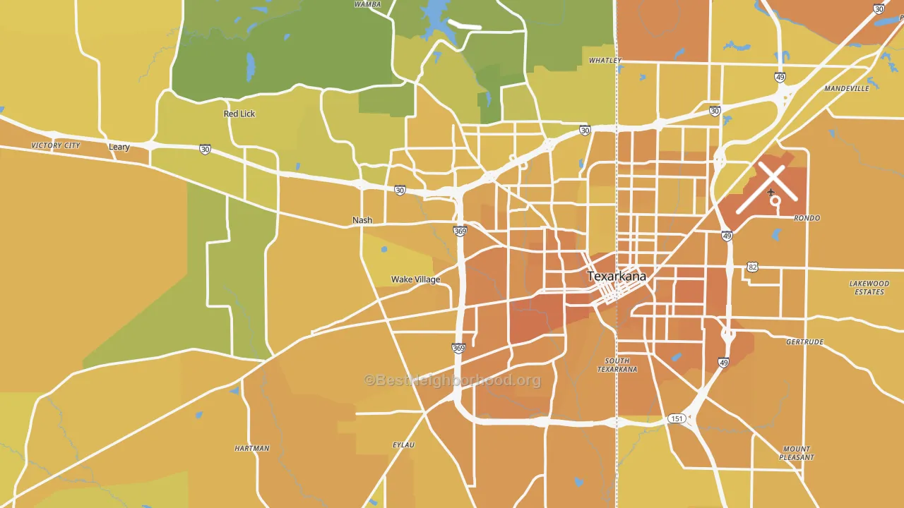 Map of the best neighborhoods in the Texarkana Metro area, with better matches in green and worse matches in red