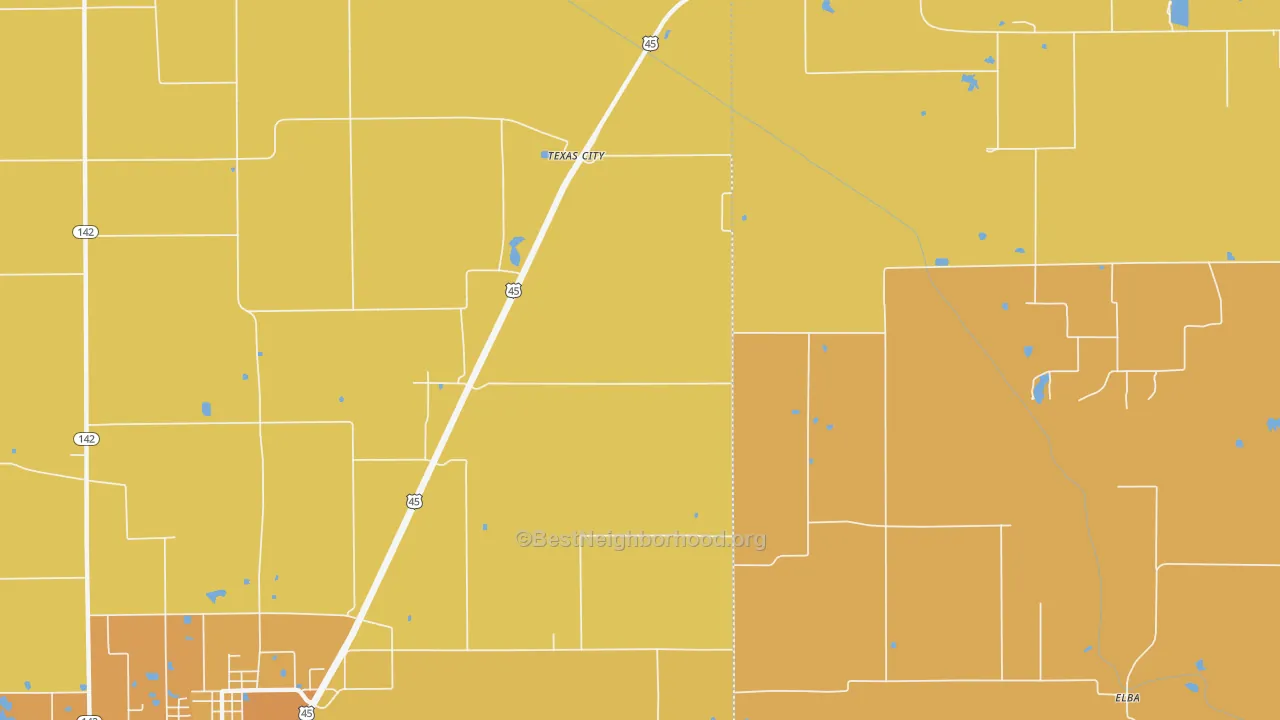 Map of the best neighborhoods in the Texas City area, with better matches in green and worse matches in red