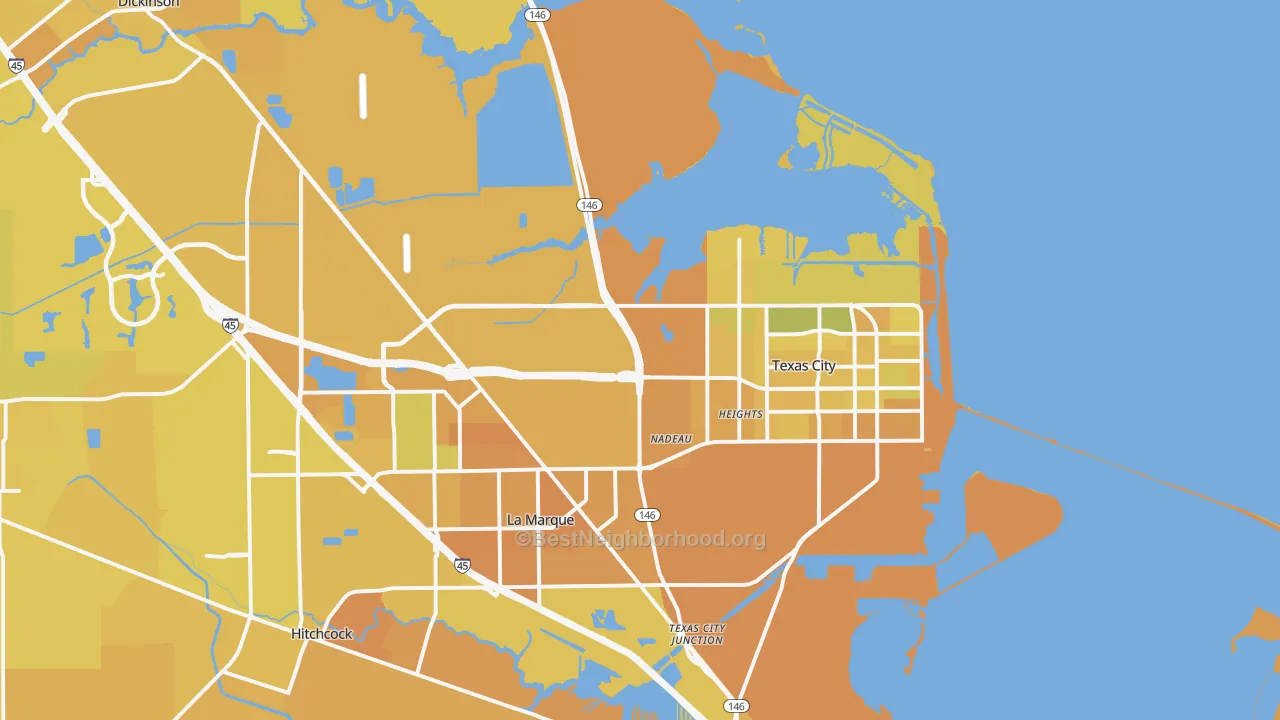 Map of the best neighborhoods in the Texas City area, with better matches in green and worse matches in red