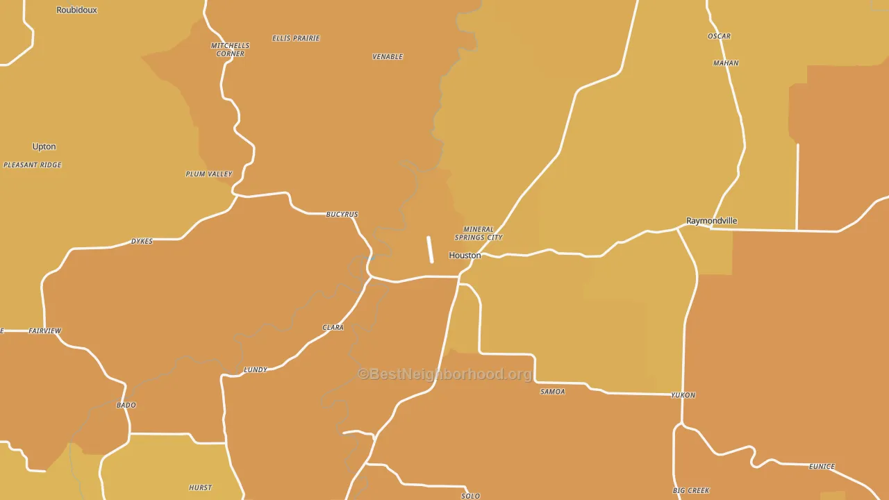 Map of the best neighborhoods in the Texas County area, with better matches in green and worse matches in red