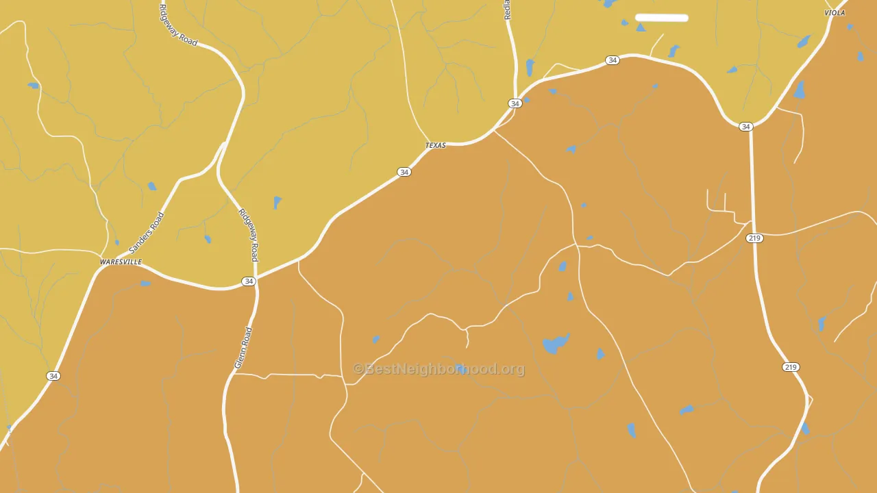 Map of the best neighborhoods in the Texas area, with better matches in green and worse matches in red