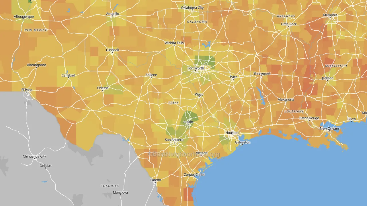 Map of the best neighborhoods in the Texas area, with better matches in green and worse matches in red