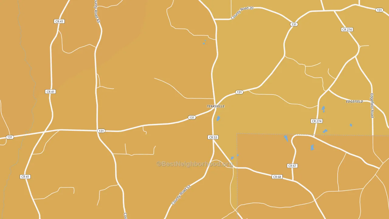 Map of the best neighborhoods in the Texasville area, with better matches in green and worse matches in red