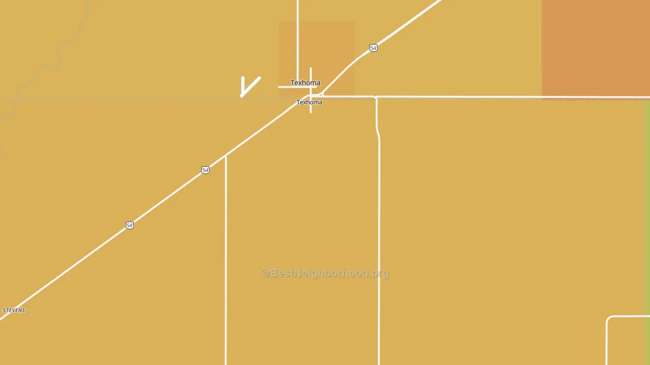 Map of the best neighborhoods in the Texhoma area, with better matches in green and worse matches in red