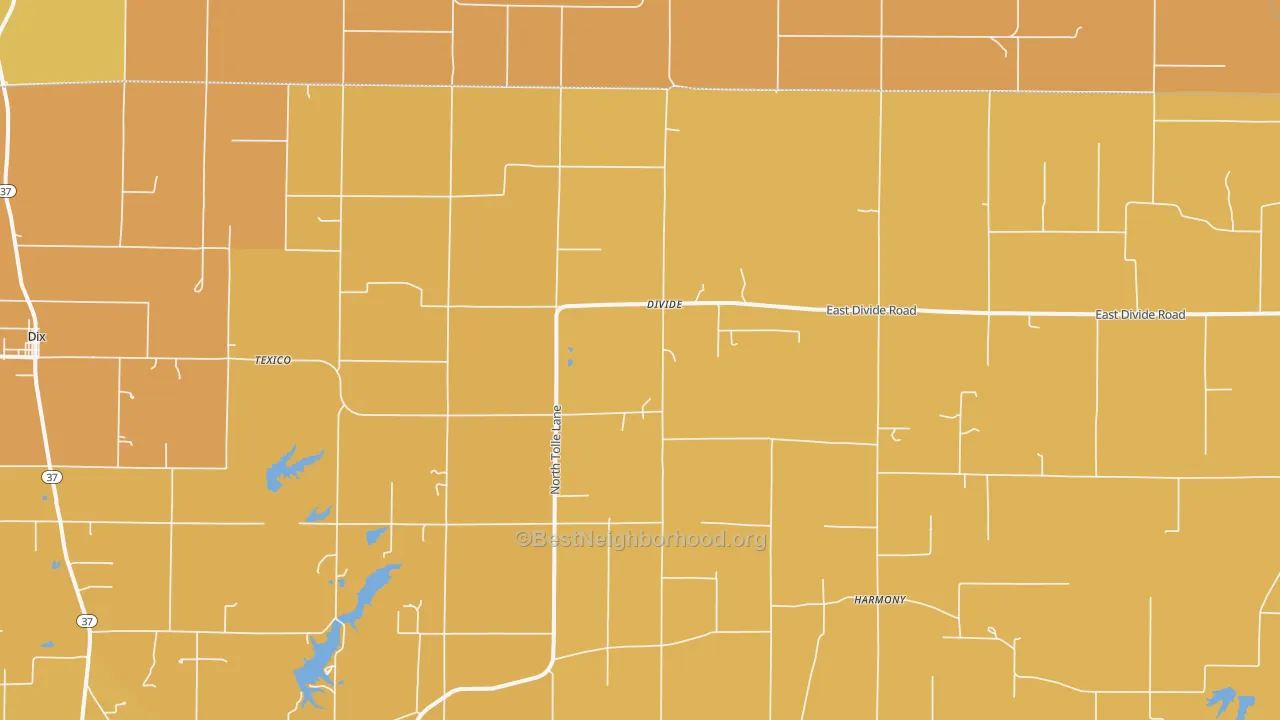 Map of the best neighborhoods in the Texico area, with better matches in green and worse matches in red