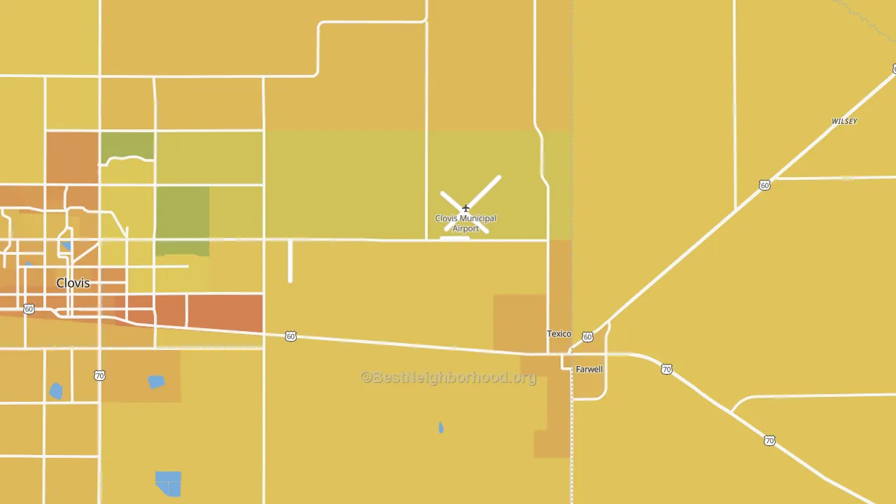 Map of the best neighborhoods in the Texico area, with better matches in green and worse matches in red
