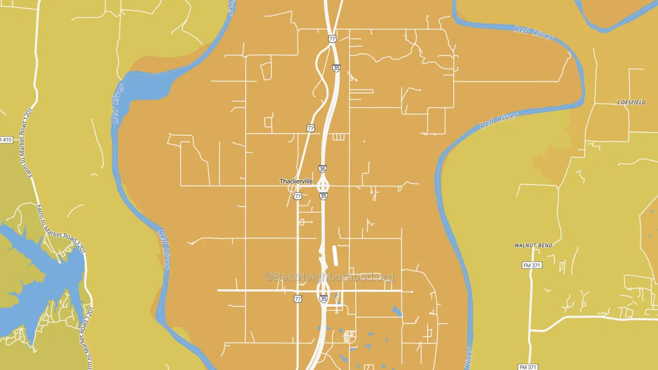 Map of the best neighborhoods in the Thackerville area, with better matches in green and worse matches in red