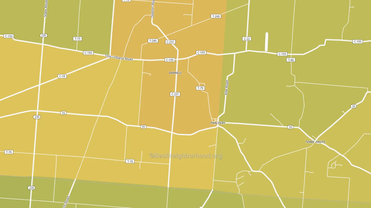 Map of the best neighborhoods in the Thackery area, with better matches in green and worse matches in red