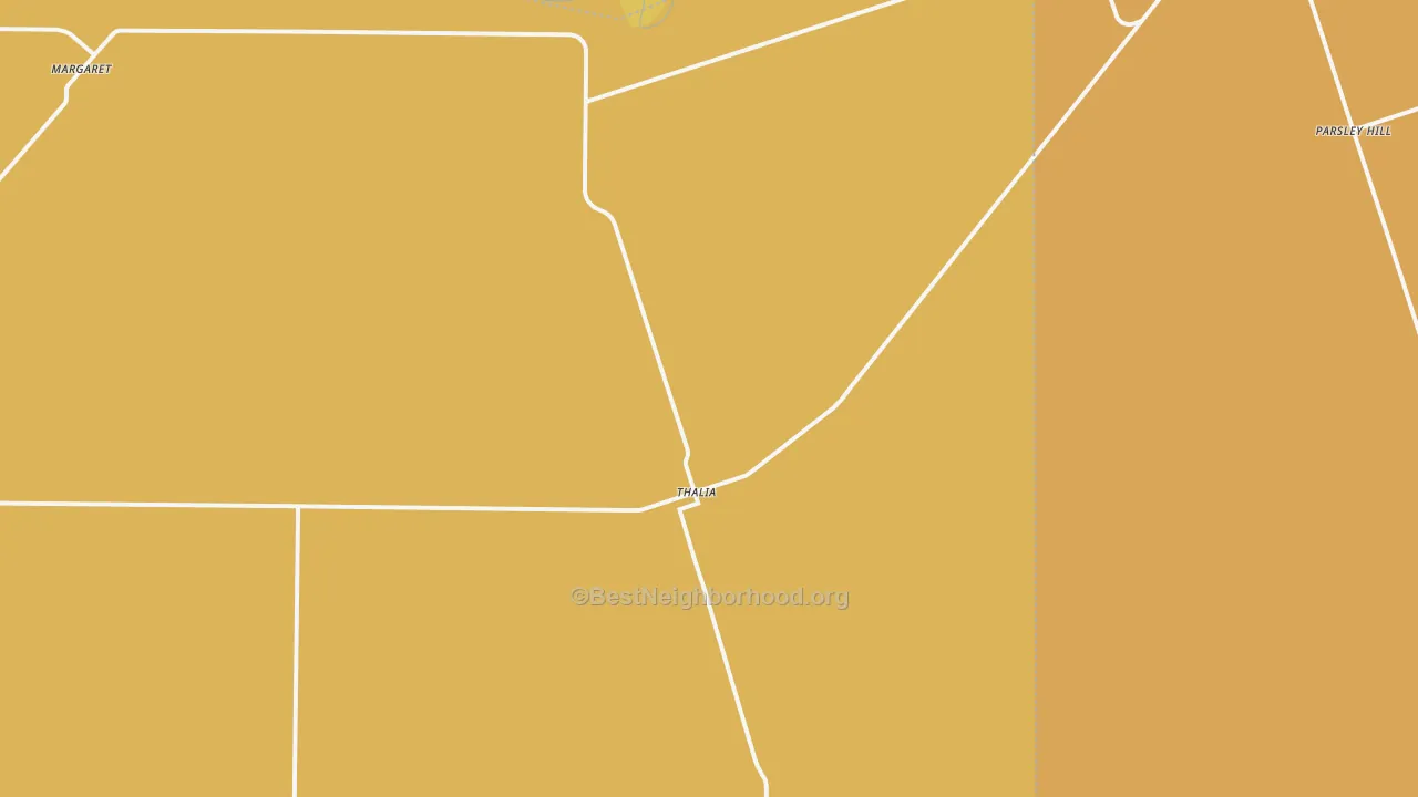 Map of the best neighborhoods in the Thalia area, with better matches in green and worse matches in red