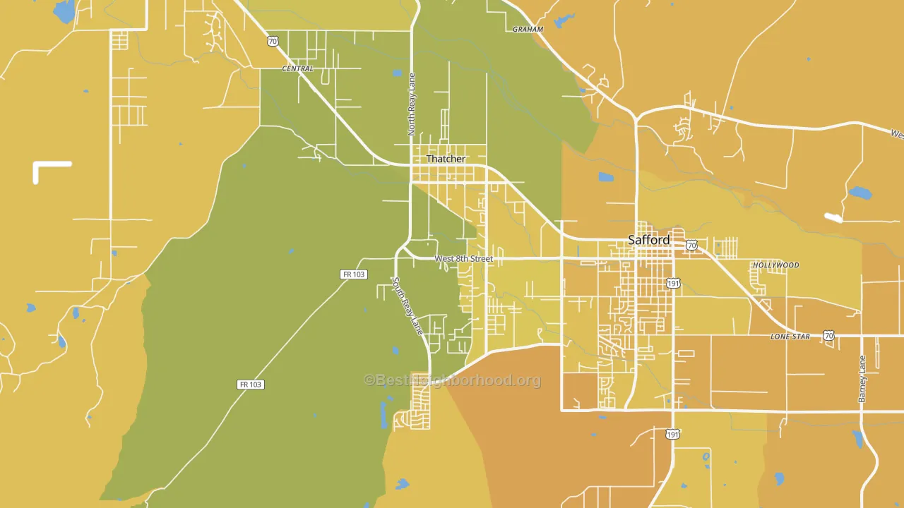Map of the best neighborhoods in the Thatcher area, with better matches in green and worse matches in red