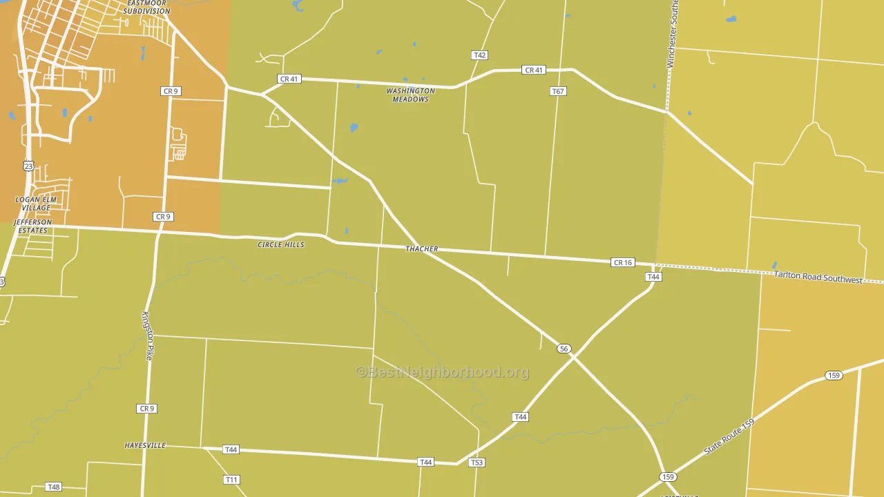 Map of the best neighborhoods in the Thatcher area, with better matches in green and worse matches in red