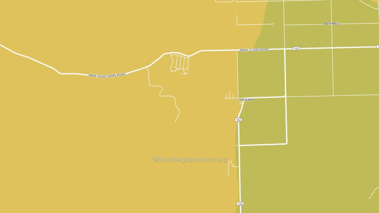 Map of the best neighborhoods in the Thatcher area, with better matches in green and worse matches in red