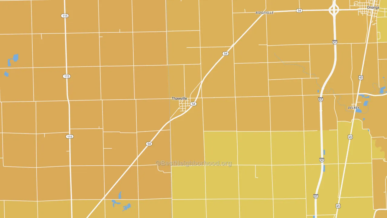 Map of the best neighborhoods in the Thawville area, with better matches in green and worse matches in red