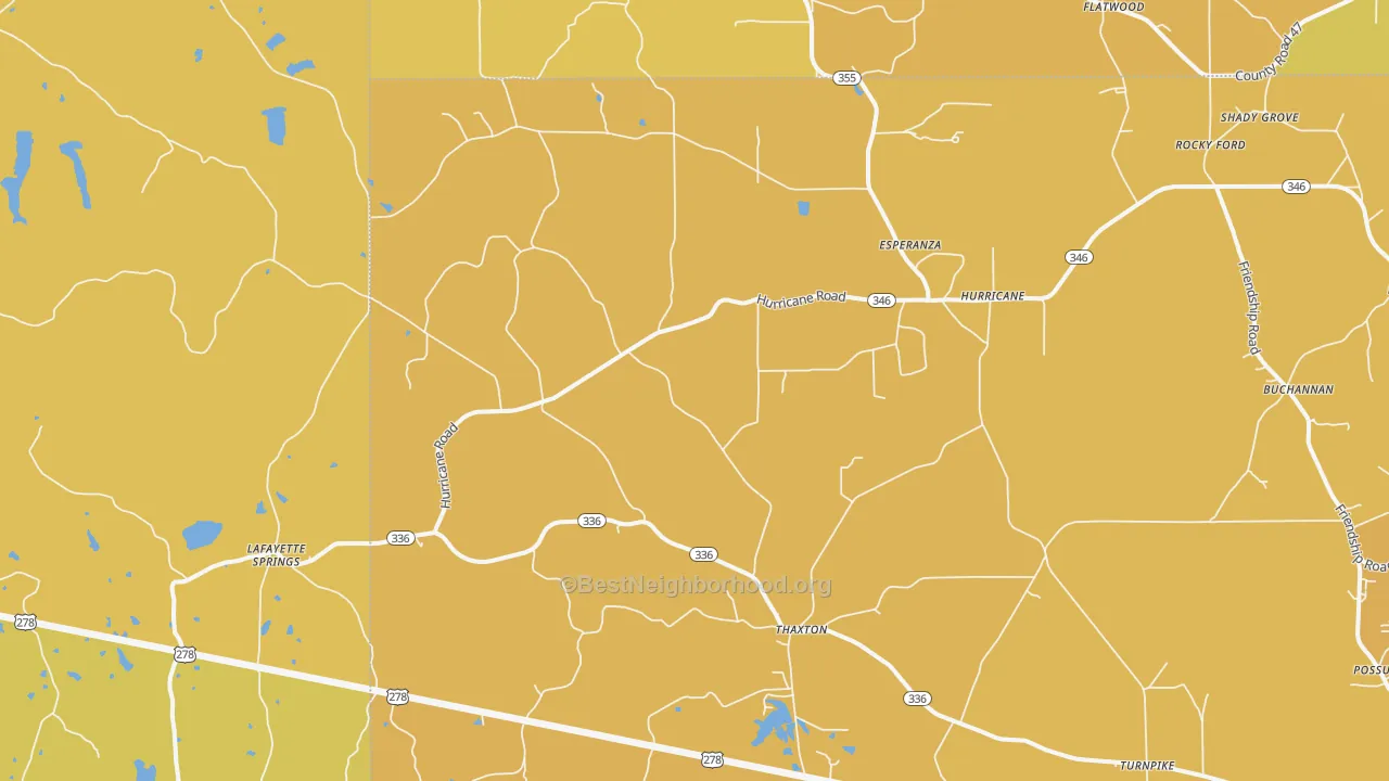 Map of the best neighborhoods in the Thaxton area, with better matches in green and worse matches in red