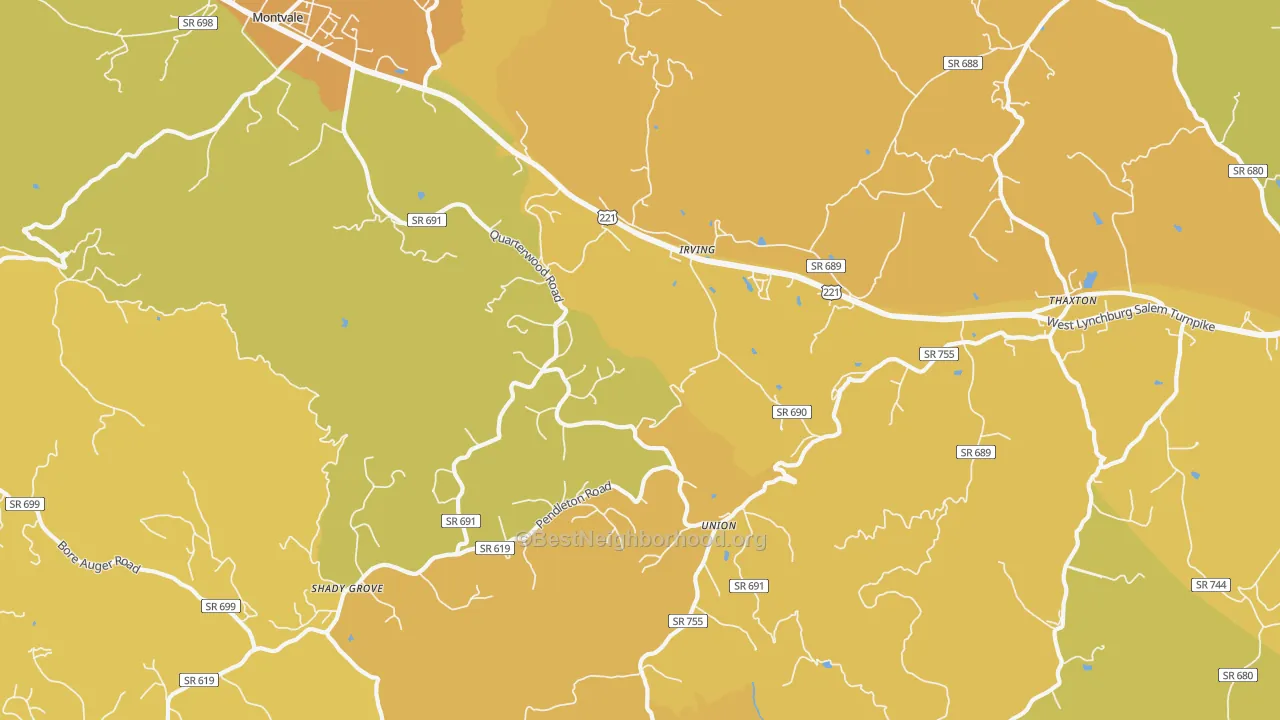 Map of the best neighborhoods in the Thaxton area, with better matches in green and worse matches in red