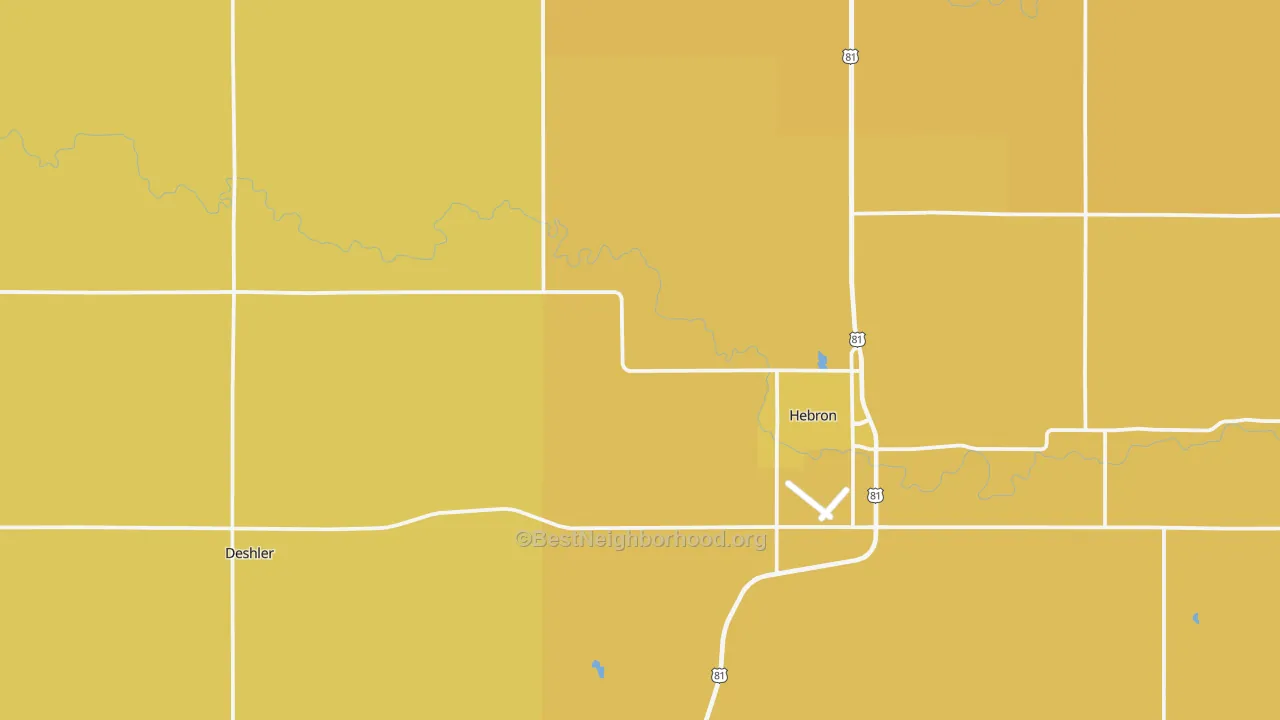 Map of the best neighborhoods in the Thayer County area, with better matches in green and worse matches in red