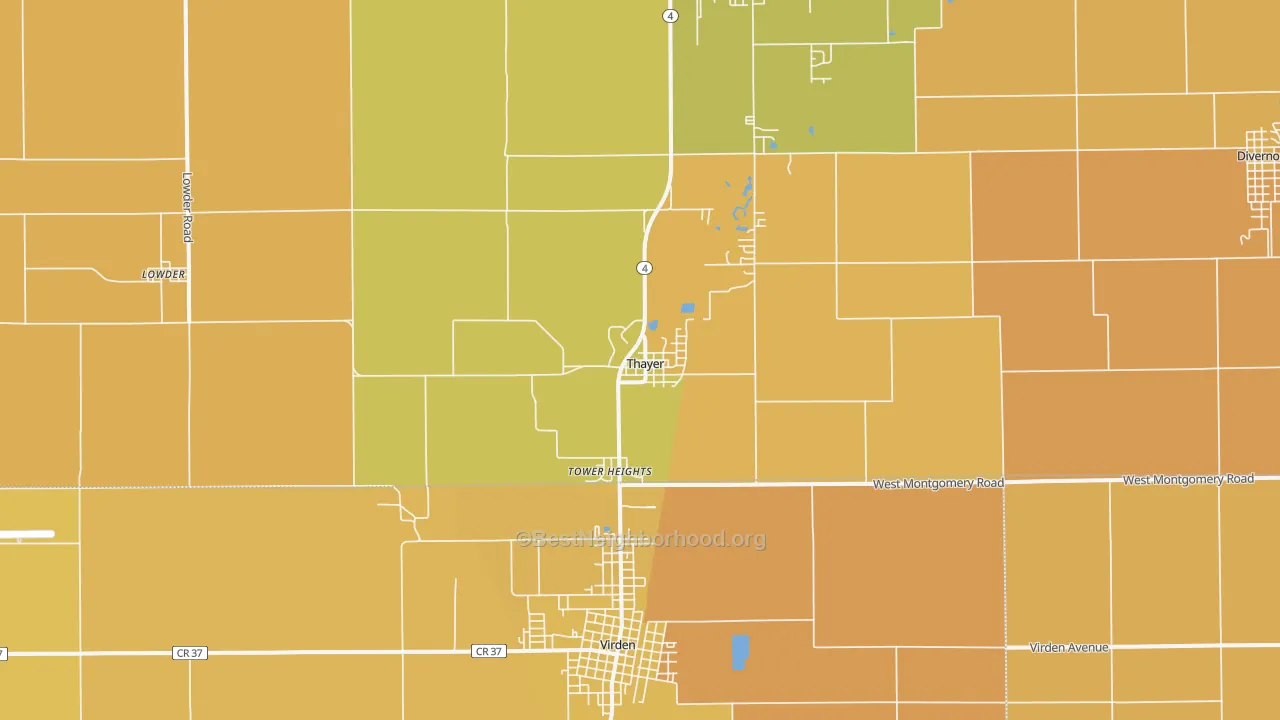 Map of the best neighborhoods in the Thayer area, with better matches in green and worse matches in red