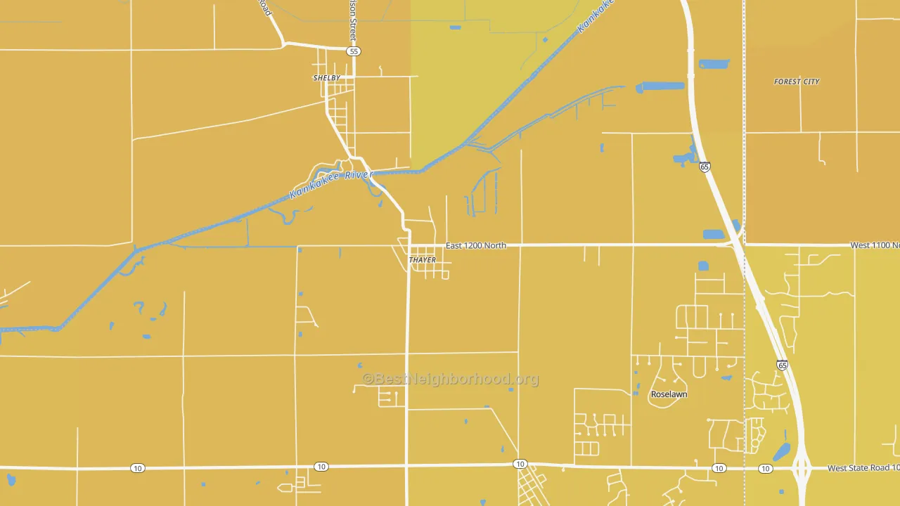 Map of the best neighborhoods in the Thayer area, with better matches in green and worse matches in red