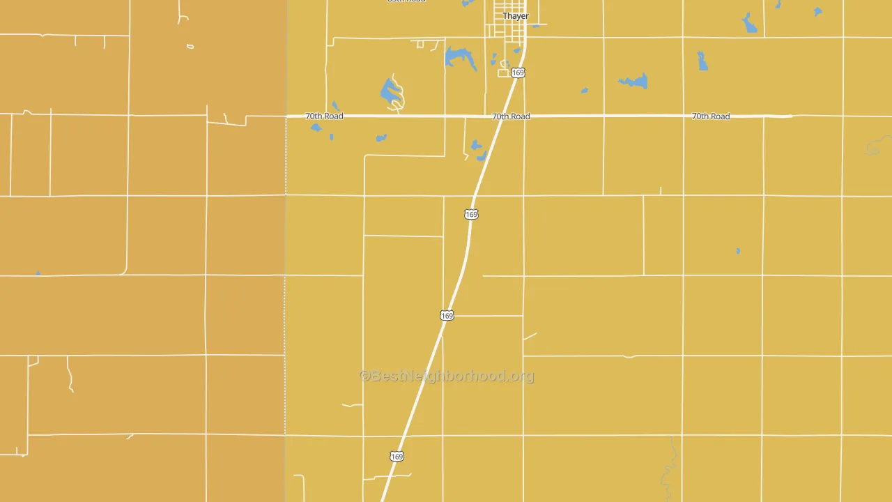 Map of the best neighborhoods in the Thayer area, with better matches in green and worse matches in red