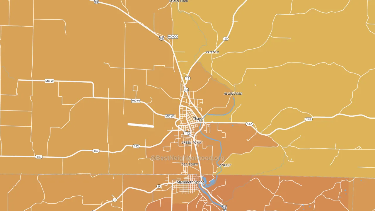 Map of the best neighborhoods in the Thayer area, with better matches in green and worse matches in red