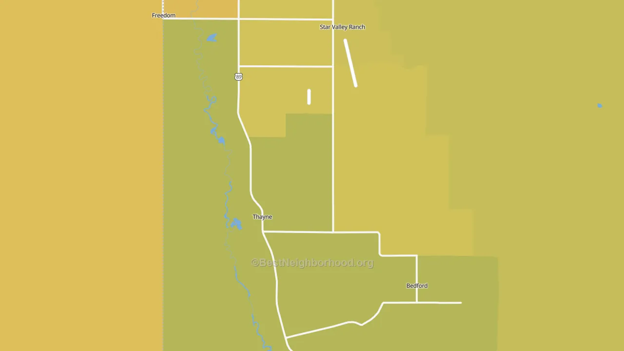 Map of the best neighborhoods in the Thayne area, with better matches in green and worse matches in red