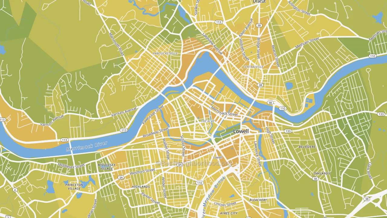 Map of the best neighborhoods in the The Acre, Lowell area, with better matches in green and worse matches in red