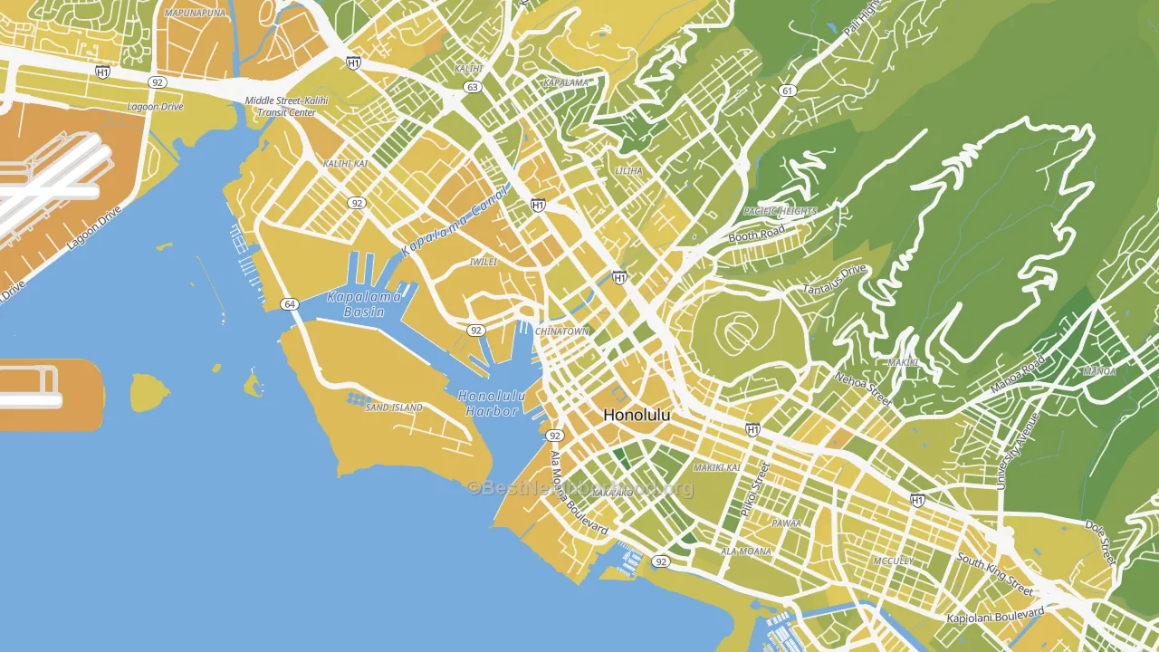 Map of the best neighborhoods in the The Arts District, Honolulu area, with better matches in green and worse matches in red