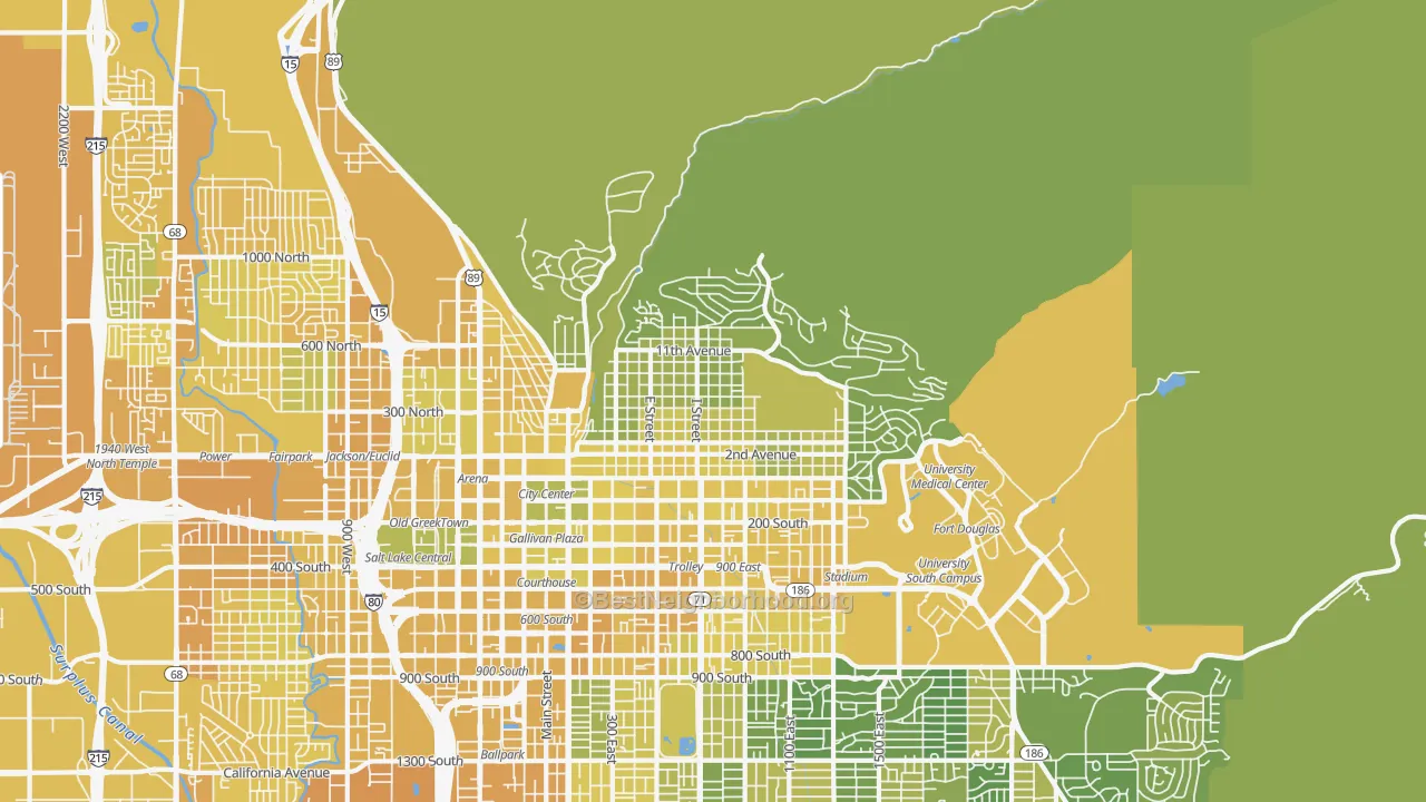 Map of the best neighborhoods in the The Avenues, Salt Lake City area, with better matches in green and worse matches in red