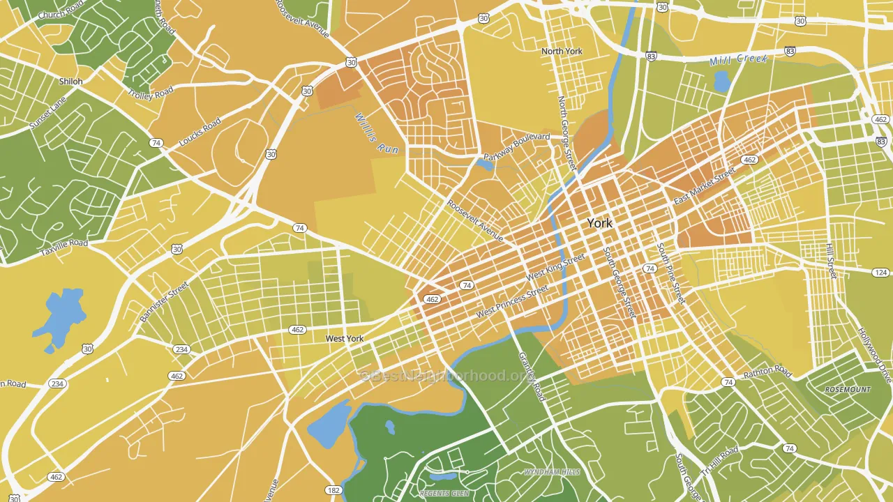 Map of the best neighborhoods in the The Avenues, York area, with better matches in green and worse matches in red
