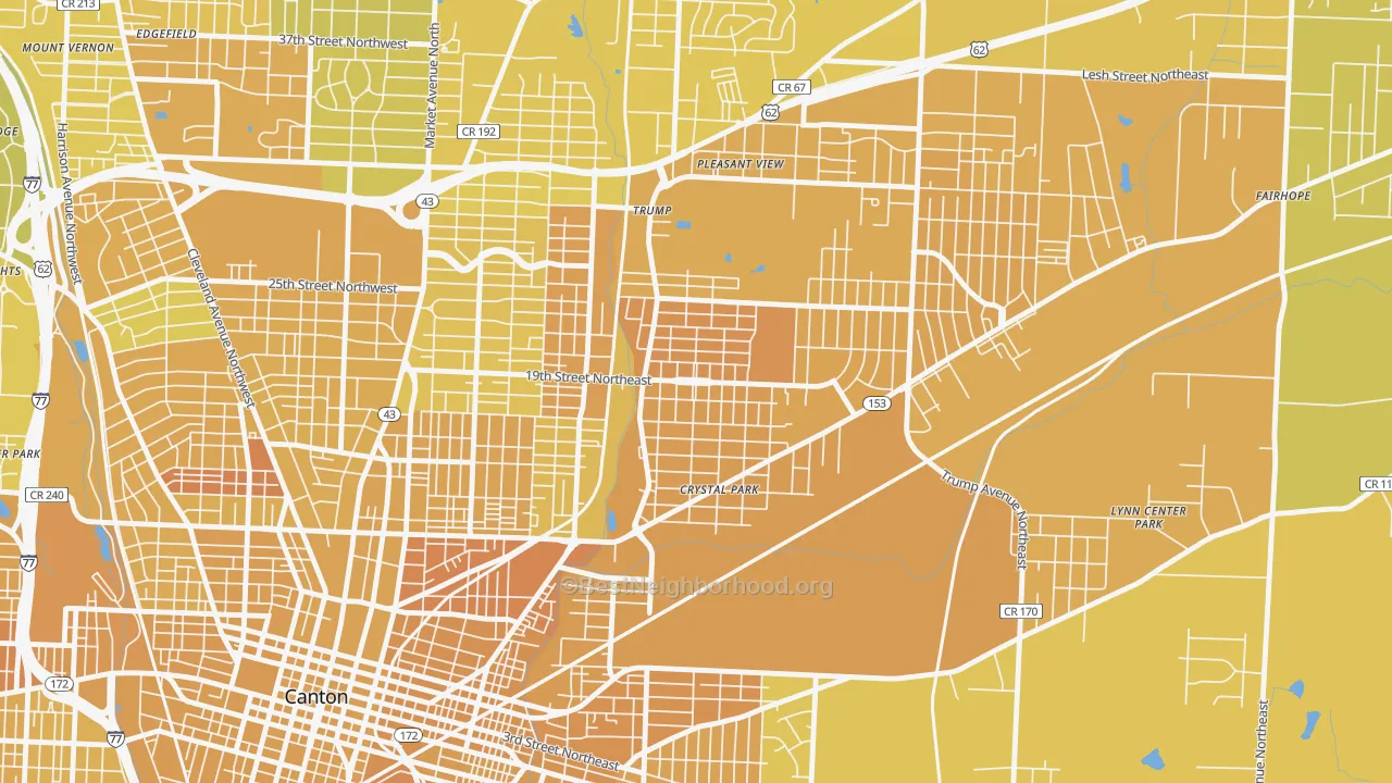 Map of the best neighborhoods in the The Boulevards, Canton area, with better matches in green and worse matches in red