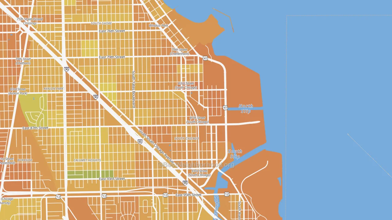 Map of the best neighborhoods in the The Bush, Chicago area, with better matches in green and worse matches in red