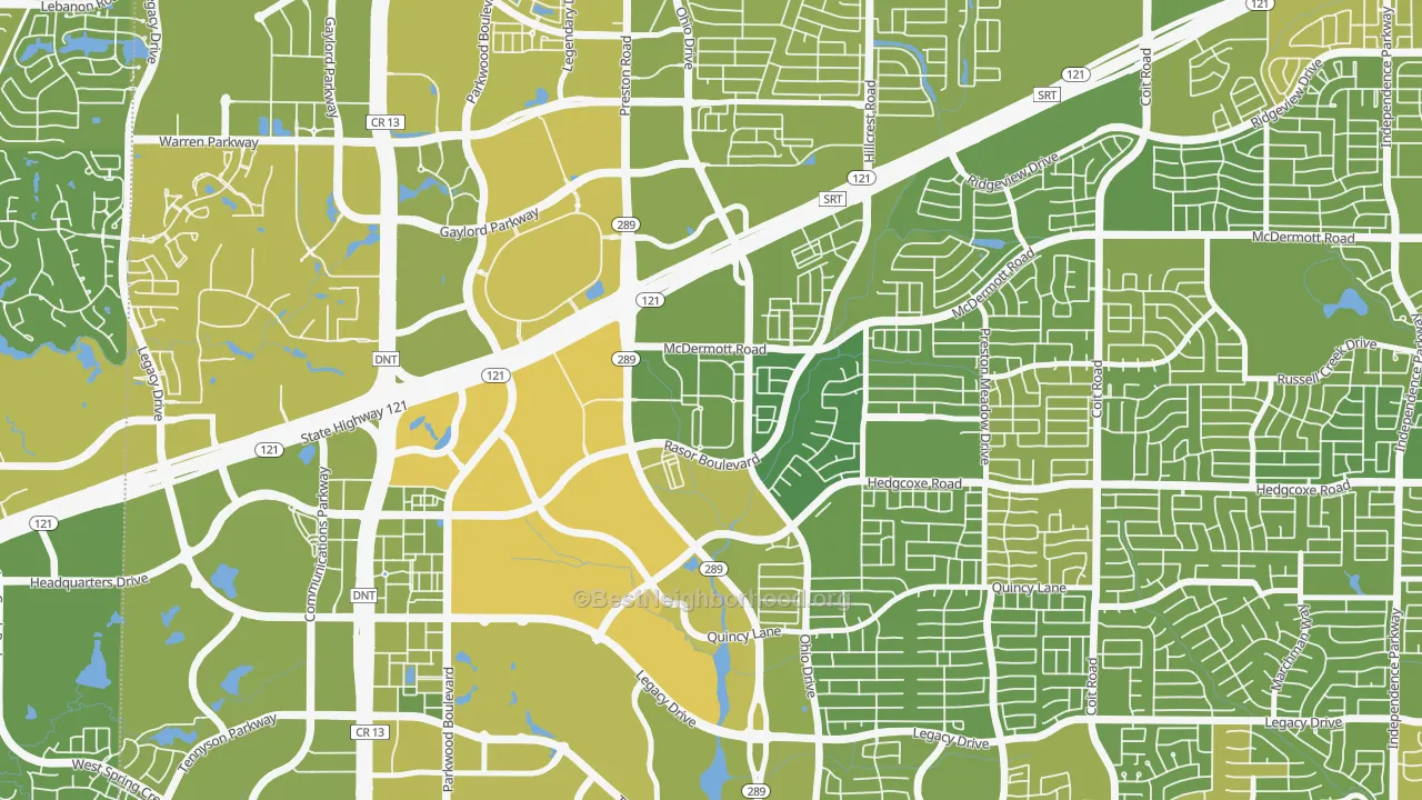 Map of the best neighborhoods in the The Canal on Preston, Plano area, with better matches in green and worse matches in red