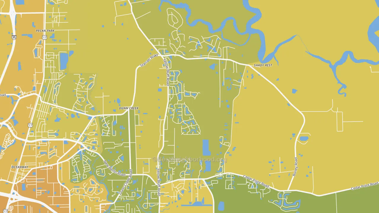 Map of the best neighborhoods in the The Cape, Jacksonville area, with better matches in green and worse matches in red