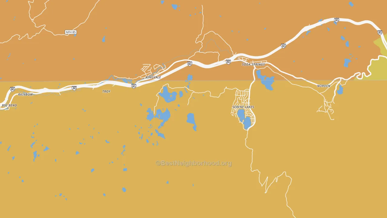 Map of the best neighborhoods in the The Cedars area, with better matches in green and worse matches in red